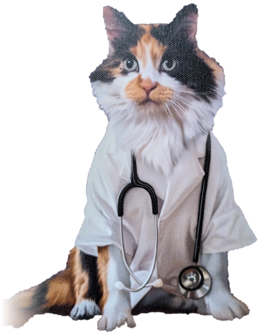 Dr Hashbrowns as painted in her official portrait. She wears a white doctor's coat with a stethoscope around her neck and sits with her front paws together.